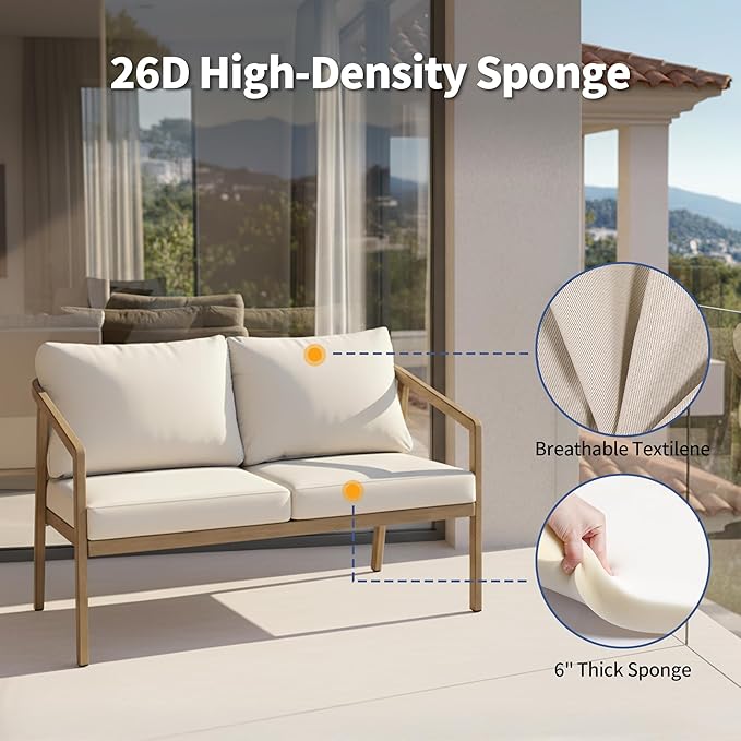 Patio Conversation Sets Outdoor Loveseat Sofa, Aluminum Patio Sofa Chairs with Washable Thick Cushions, Modern All-Weather Patio Furniture Sets for Garden, Backyard, Porch (Brown+Beige)