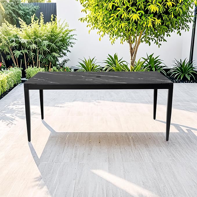 Luxury Outdoor Aluminum Dining Table for 6-8, Rectangular Patio Table with Black Marble Pattern Sintered Stone Top, Post Tapered Legs for Garden, Lawn, Weatherproof & Rust-Free