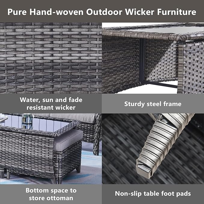 Belord Patio Coffee Table Outdoor Rectangular Glass Table, Handwoven Rattan Patio Furniture Grey Wicker Coffee Table Compatible with Patio Chairs and Sofa Sets for Backyard Sunroom Outside Lawn