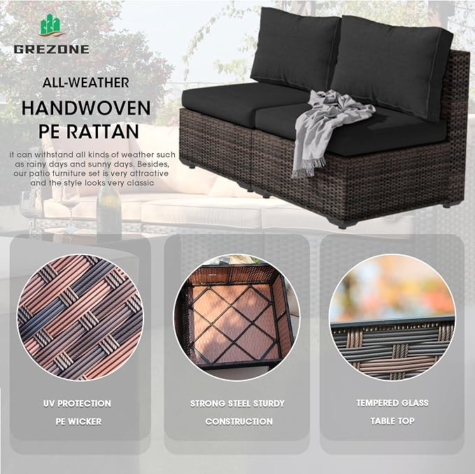 Grezone 9 Piece Patio Furniture Set with 44" Fire Pit Table, Outdoor Sectional Couch, PE Rattan Patio Conversation Sets with 4inch Cushions for Backyard Black