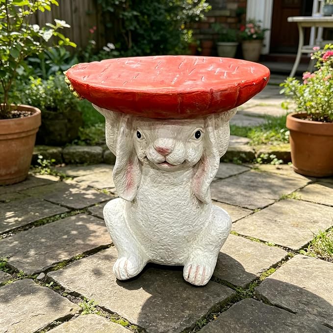 13.4 Inch Tall Bunny Side Table Garden Decor | Outdoor Resin Rabbit Statue, Plant Stand, Whimsical Carrot Tray End Table, For Kids Nursery Room Patio Yard