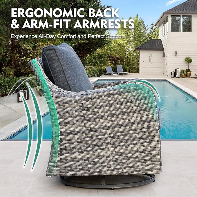 MEISSALIVVE Outdoor Patio Furniture Set with Swivel Chair, 10 Pieces Patio Conversation Set, Patio Sectional Furniture Set with 2 Three-seat Sofa, 2 Fixed Single Chair and Coffee Table (Grey)