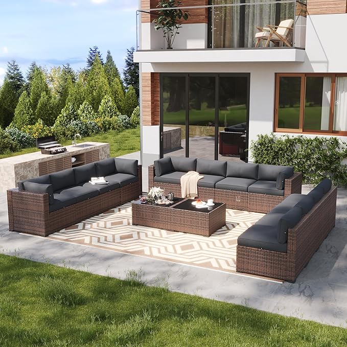 LazySunsets 14 Piece Outdoor Patio Furniture Set with Coffee Table, Outdoor Patio Furniture Sets with Waterproof Cover and Thicken Cushion, Wicker Outdoor Conversation Set for Backyard & Garden, Grey
