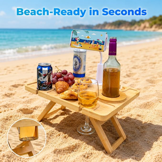 Vespara Portable Wine Picnic Table with Glass Holders, Folding Picnic Table with Adjust Phone Holder & Tote Bag, Wine Glass Snack Tray for Indoor & Outdoor Use, Beach, Park, Camping, Winter Adventure
