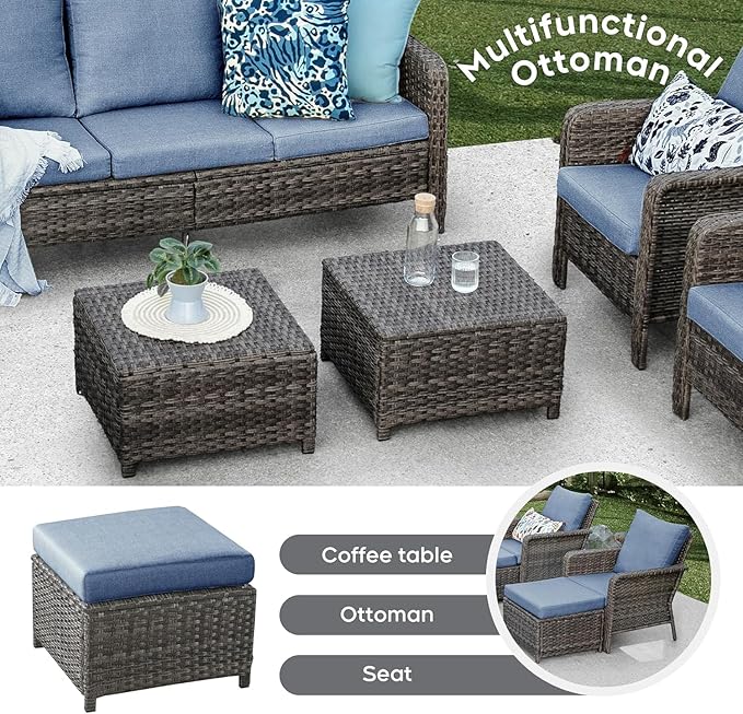 Brafab 7 Seats Outdoor Patio Furniture Set, Wicker Swivel Chairs Conversation Sets with Ottomans and Cushions, High Back Sectional Sofa with Gilder Chair for Yard Garden Porch, Blue