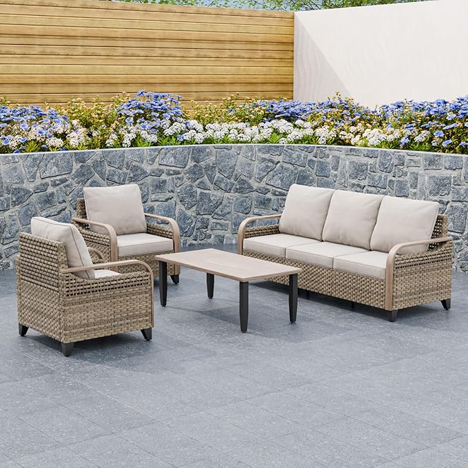 Modern Wicker Patio Furniture Set, Rattan Outdoor Conversation Set with Comfortable Cushions, 2 Patio Chairs, 3 Seat Couch and Coffee Table, 4 Pieces, Brown/Gray