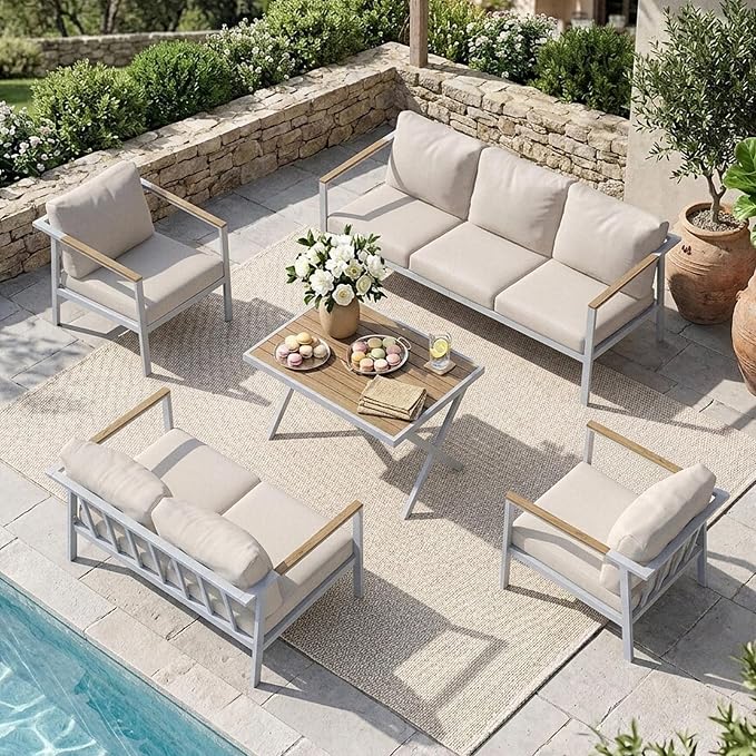 Aug-guan Aluminum Patio Furniture Set 5 Piece, Outdoor Conversation Set with 5" Cushions, Olefin Fabric, Rustproof Frame, Non-Slip Feet, Compact Patio Sofa Set for Balcony, Backyard, Porch,White