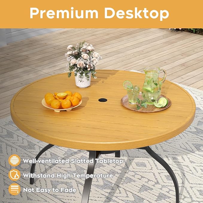 47" Round Outdoor Dining Table for 6, Metal Round Patio Table with Umbrella Hole, All-Weather Outdoor Patio Dining Table for Lawn Garden Deck Backyard (Brown)