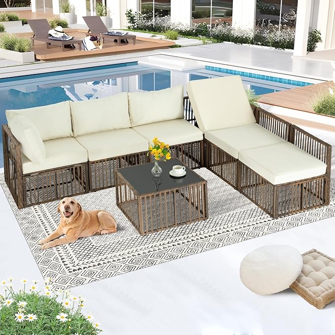 FHFO 7 Pieces Outdoor Patio Furniture Set, Wicker Outdoor Sectional Conversation Couch Set with Adjustable Backrest Sofa, Thick Cushion & Coffee Table for Garden, Porch, Poolside, Brown/Beige
