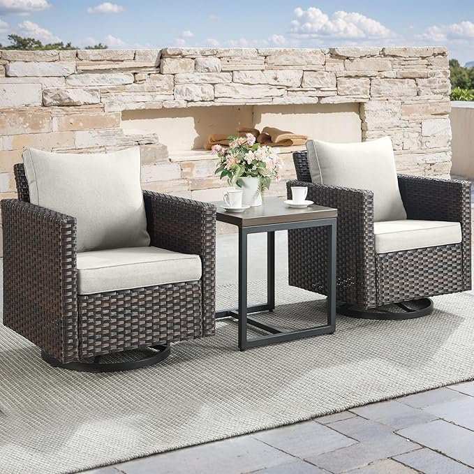 Rilyson Outdoor Patio Swivel Rocker Chairs - 3 Piece Wicker Patio Furniture Bistro Swivel Rocking Chairs Set with Comfortable Cushions,Sturdy Metal Frame and Side Table for Porch Deck(Brown/Beige)