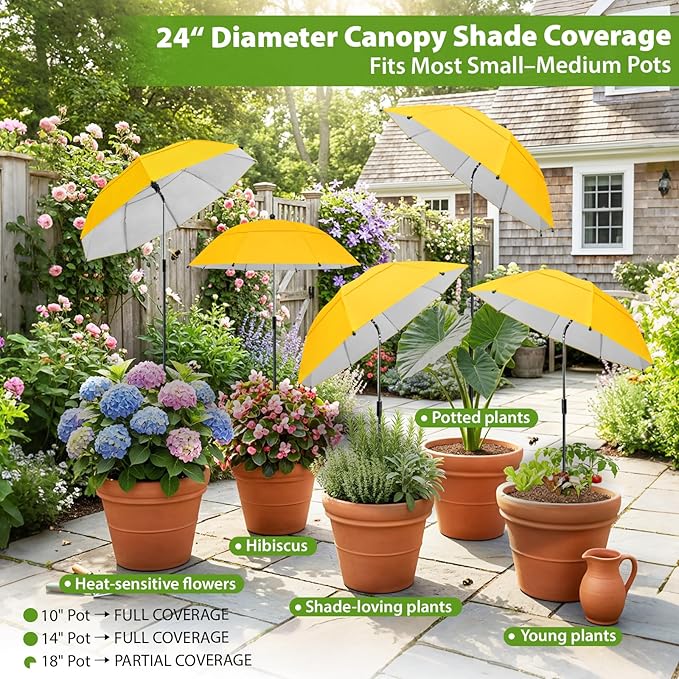 Plant Umbrellas, 5Pack 360°Adjustable Garden Umbrella for Outdoor Plants,24” Large Sun Shade for Garden Beds Potted Plants, 47.8" High Plant Shade Cover Umbrellas for Sun-Sensitive Plants