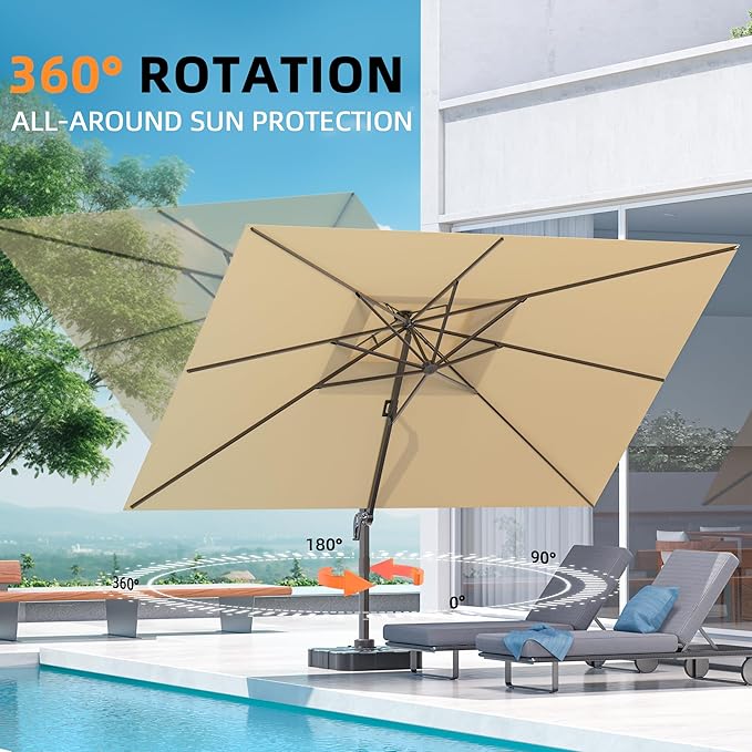 10' X 13' Outdoor Patio Umbrella Large Rectangle Cantilever Umbrella with Base Included, Heavy Duty 360°Rotation Offset Umbrella for Garden Deck Pool Patio,Brown