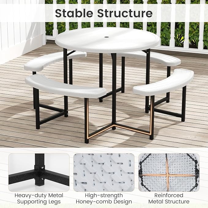 Tangkula 8 Person Picnic Table, HDPE Outdoor Round Table and Bench Set with 4 Built-in Benches, Umbrella Hole, Metal Frame for Garden Yard Patio Lawn