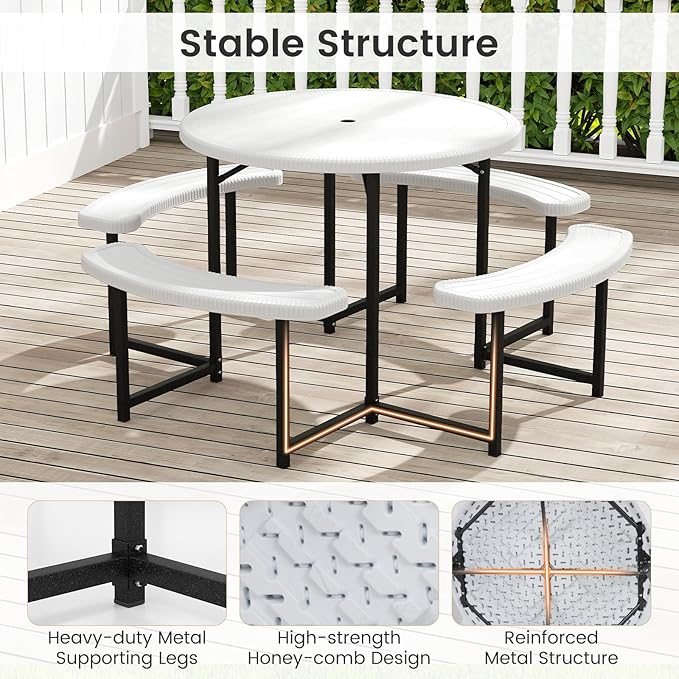 LDAILY Picnic Tables with Benches, Round Picnic Dining Table with 1520 lbs Capacity Metal Frame, HDPE Tabletop & Umbrella Hole, 8-Person Plastic Picnic Tables for Outdoors, Patio, Lawn, Yard (White)