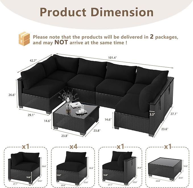 7 Piece Outdoor Patio Furniture Set, Rattan Chairs Glass Table Wicker Conversation Seating Sectional Sofa with Cushions (Black-Black, 7Pcs-Straight Back)