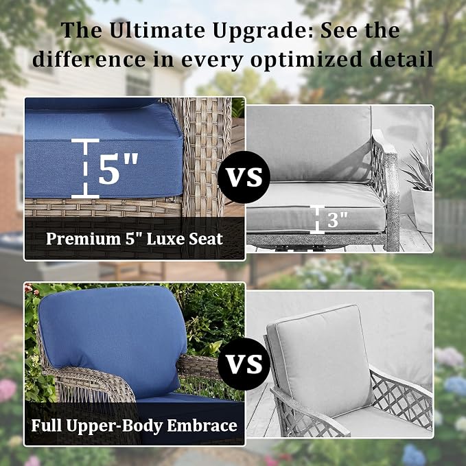 6 PCS Patio Furniture Set Outdoor Sectional Sofa Couch with Rocking Swivel Chairs 5" Deep Seat Chairs, Modern Wicker Rattan Conversation Set, Blue/Gray Wicker