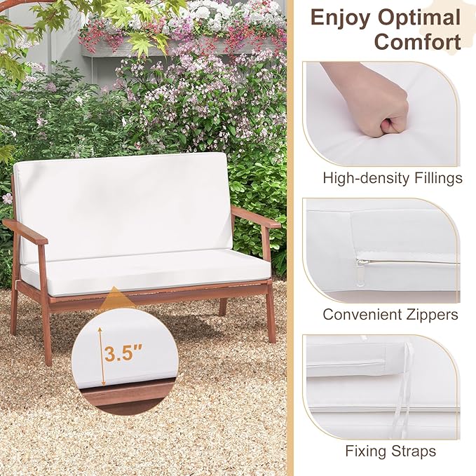 Tangkula 4 Piece Outdoor Conversation Set, Acacia Wood Sofa Set with Soft Seat & Back Cushions, Rectangle Coffee Table Patio Wood Furniture Set for Backyard, Poolside, Garden (1, Off White)