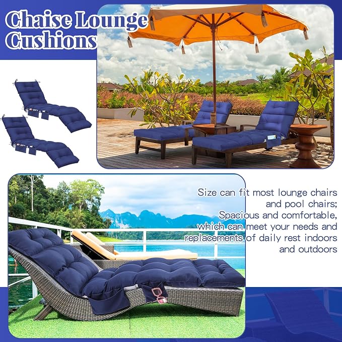 Kigley 2 Pcs Outdoor Chaise Lounge Cushions with 3 Side Pocket 74.5 x 22 x 4.7 Inch Patio Chaise Lounge Cushion, Water-Repellent and Fade-Resistant Tufted Summer Replacement(Navy Blue)