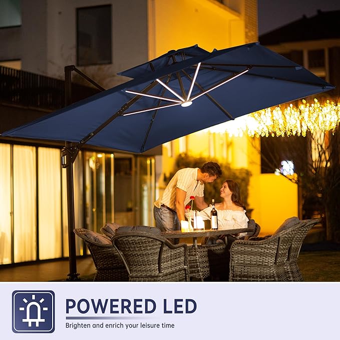 10 X 13 FT Cantilever Outdoor Patio Umbrella with Base Included Large Heavy Duty 360° Rotation Double Top Offset Rectangular Umbrellas with LED Lights for Backyard Outside Deck, Navy
