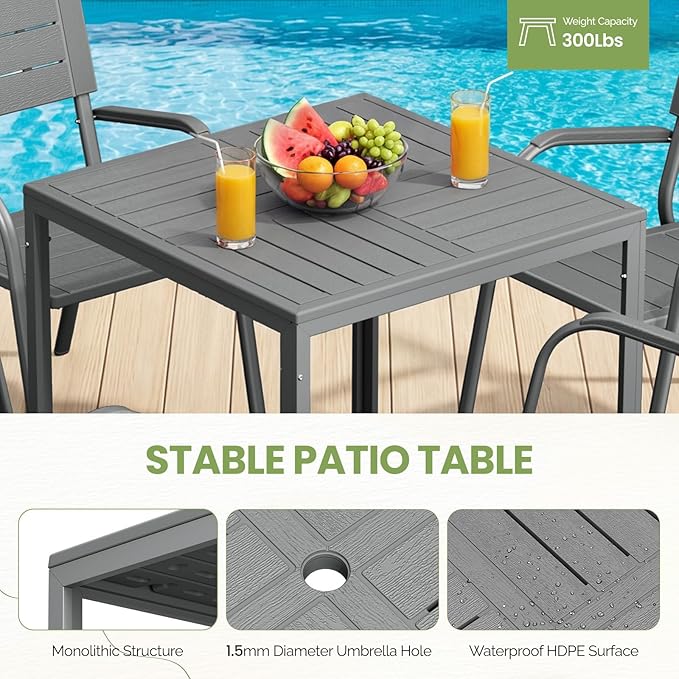 VINGLI Outdoor Patio Dining Set,5 Piece Square Table Patio Furniture Set,HDPE All-Weather Material Outdoor Dining Table and Chair for Garden, Backyard, Grey