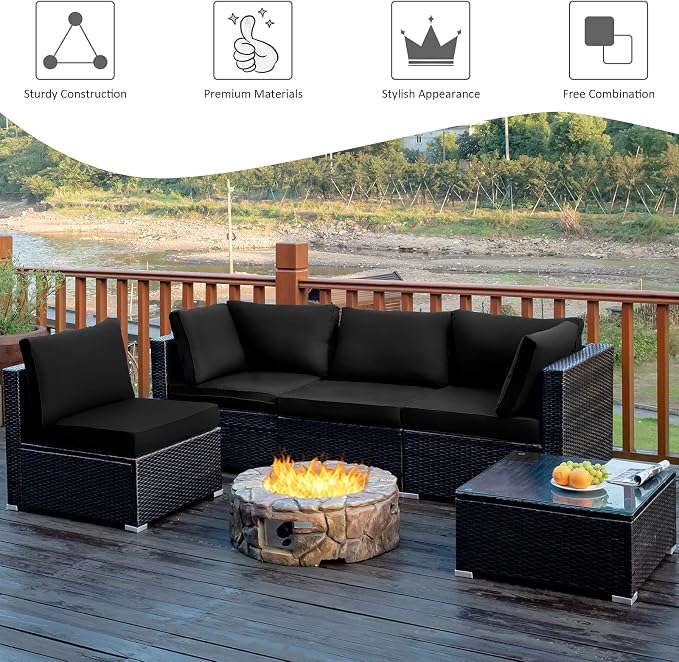 COSTWAY 5-Piece Outdoor Patio Furniture Set, PE Rattan Sofa Chairs with Cushions and Tempered Glass Coffee Table, Conversation Sofa Set for Backyard Garden (Black)