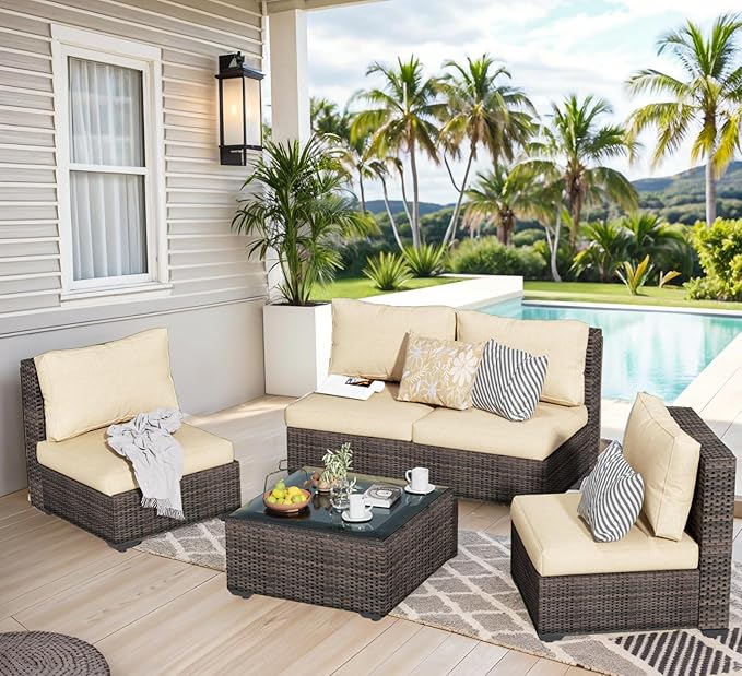 5 Piece Patio Furniture Set All Weather PE Rattan Outdoor Sectional Sofa Couch with No-Slip Cushions and Glass Top Table for Garden, Poolside, Backyard (Beige)