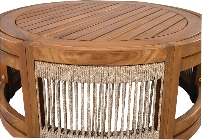 GDFStudio 27.95" Acacia Wood Outdoor Coffee Table, Handwoven Rope Accents, All-Weather Resistant Boho Patio Table with Elegant Slatted Design for Garden, Poolside, Deck, Patio Spaces, Teak