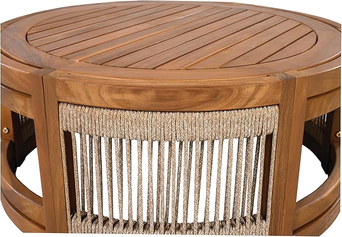 Merax 27.95" Acacia Wood Outdoor Coffee Table,Handwoven Rope Accent Boho Patio Table with All-Weather Durability,Teak