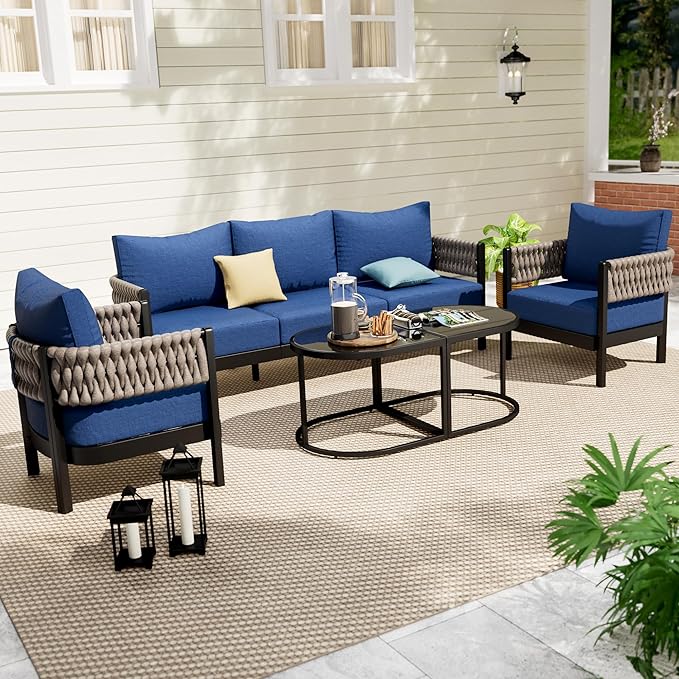 Aluminum Patio Furniture Set,5 Pieces HDPE Rope Patio Conversation Sets with Modular Coffee Table,Metal Outdoor Sectional Furniture w/5.9" Thick Cushions for Porch,Deck,Backyard,Navy Blue