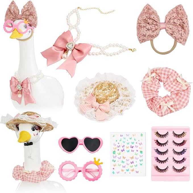 Porch Goose Statue 8pc Accessory Combination Set, Pink Goose Accessories Kit with Glasses Bow Hat Necklace Stickers for 23 Inch Goose, Cute Girl Style Yard Decor (Pink Girl 8PC)