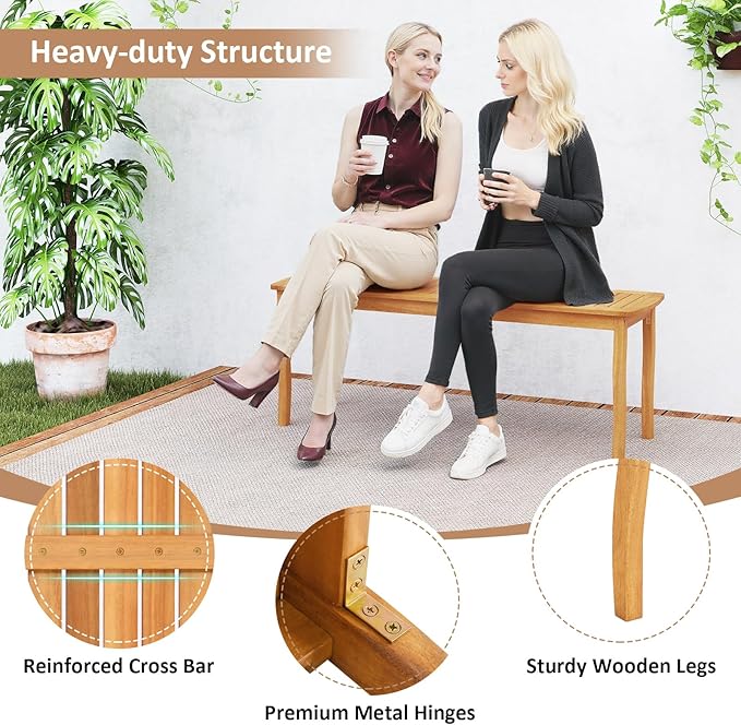 Tangkula 3 Pieces Patio Wood Dining Set, 63 Inch Outdoor Acacia Rectangular Table with 1.97” Umbrella Hole and Benches Set, for Deck, Garden and Backyard