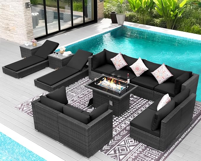 NICESOUL 13 Piece Outdoor Seating with Fire Pit Table, High-End Wicker Patio Furniture Set with Chaise Lounge, Comfy 29.3'' High Back Deep Sectional Sofa, All-Weather Backyard Sitting, Grey & Black