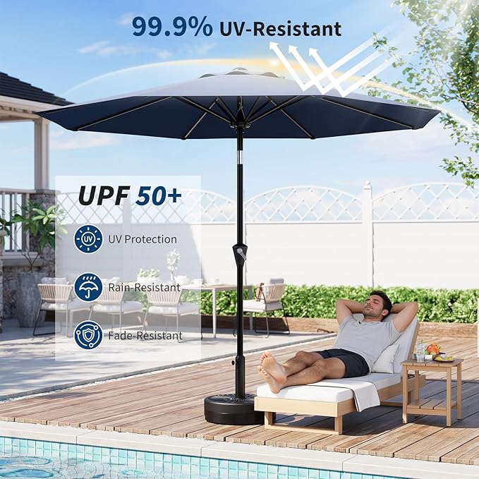 Garvee 9ft Outdoor Patio Umbrella - Market Table Pool Deck Umbrella UPF50+ UV Protection with Push Button Tilt, Crank and 8 Sturdy Ribs (Navy Blue)