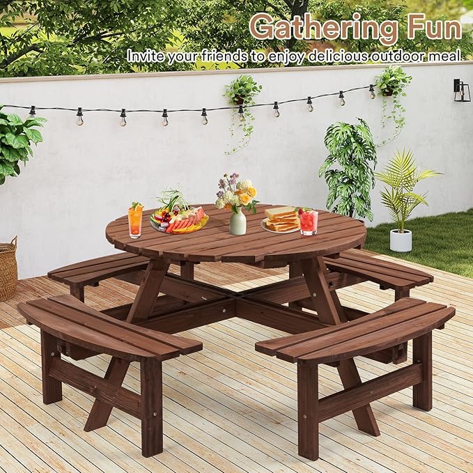 Zevemomo Wood Picnic Table for 8 People, Round Top with Umbrella Hole, 4 Built-in Curved Benches, 2220LBS Capacity for Patios & Backyards, Brown