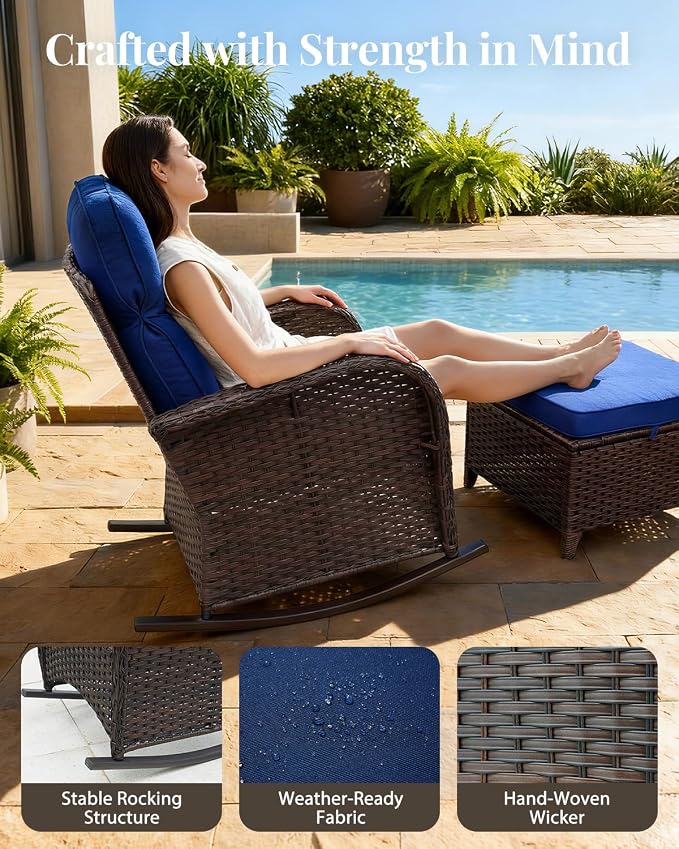 Luxury Patio Furniture Set with 6" Thick Cushions, High Back Outdoor Rocking Chairs, Ottomans and 3-seat Couch, 7 Pieces All Weather Conversation Set for Porch Deck Poolside Yard (Blue)