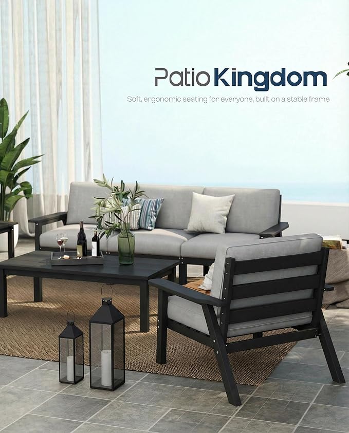 Patio Furniture Set 7 Seats, HDPE Outdoor Sectional with Gray Washable Thick Cushions, Coffee Table, Patio Conversation Sets for Lawn, Garden, Porch, Balcony, Deck (Black Frame)