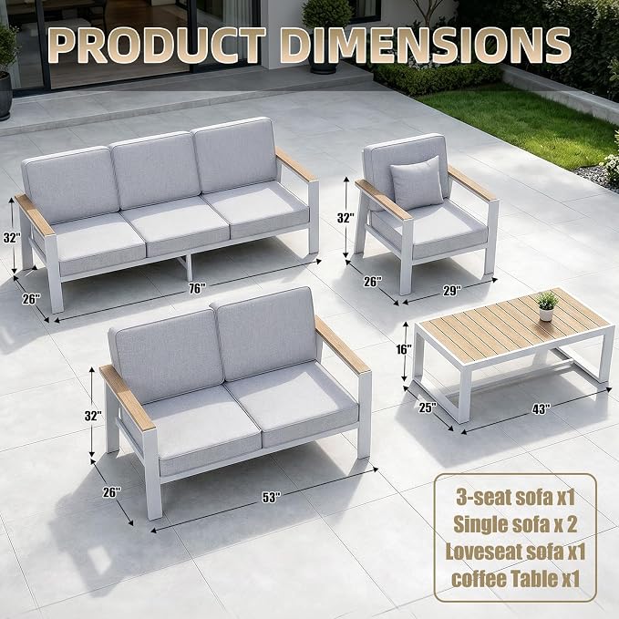 Premium Aluminum Patio Furniture Set 5 Piece,Outdoor Conversation Set with Wide Armrest,5" Thick Cushions, Olefin Fabric,Rustproof Metal Frame,Deep Seating Patio Sofa Set for Backyard,Deck,villa,White