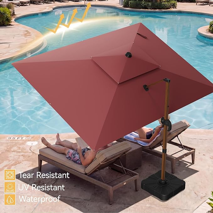 10x13 FT Wood Pattern Patio Umbrella, Large Deluxe Cantilever Rectangular Double Top Heavy Duty Offset Umbrellas with 360° Rotation, Outdoor shade for Garden Deck Pool Patio, Red