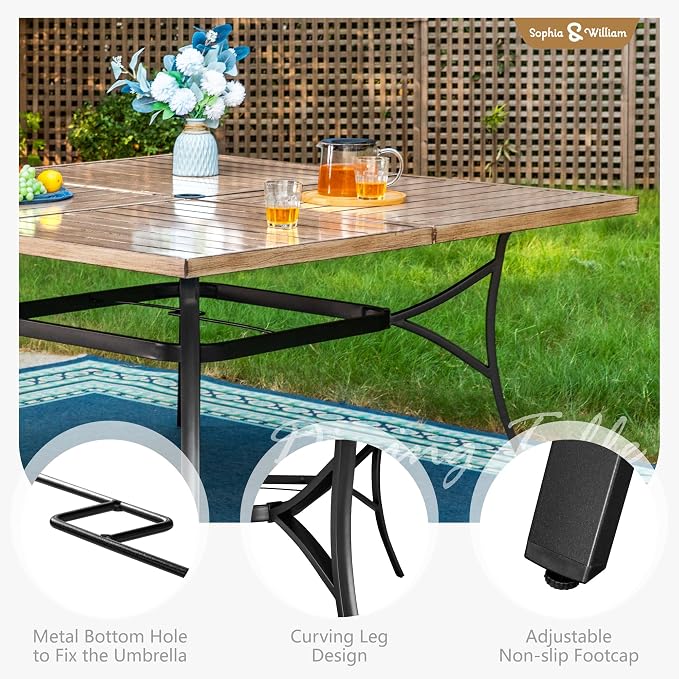 Sophia & William 9pc Square Patio Dining Set for 8, Rattan Chairs | Patio Table Set for 8, Teak Color Metal Table with Umbrella Hole, Wicker Chairs, Rust-Resistant Frame