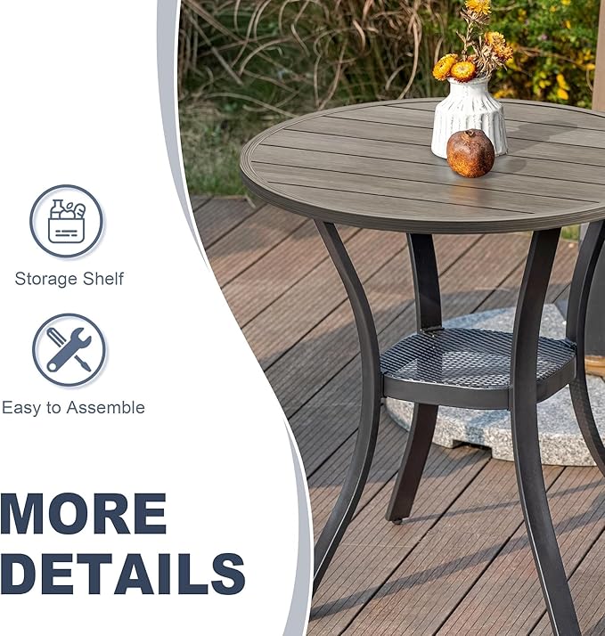 VICLLAX 3 Pieces Outdoor Dining Set, Patio Furniture Set Includes 27.6" Round Metal Table W/ 1.9" Umbrella Hole and 2 Padded Textilene Swivel Chairs for Porch, Lawn, Garden, Backyard