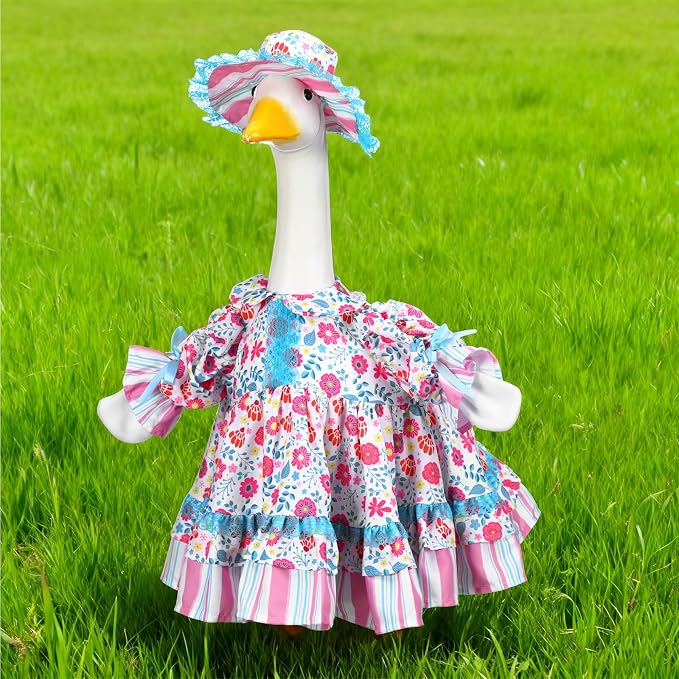 Soulchen 1 Set Summer Flower Porch Goose Outfit 23 Inch Wildflower Floral Cement Goose Clothes Dress and Hat Geese Costume Set for Summer Lawn Garden Yard Decor
