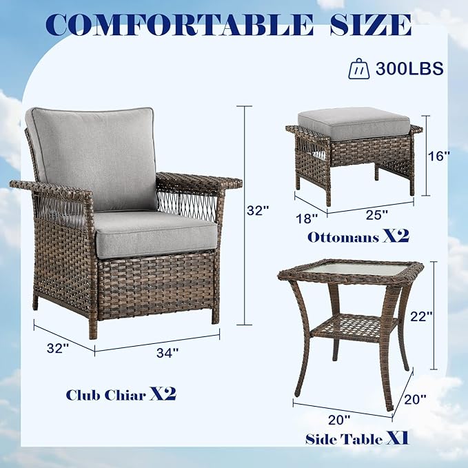 Outdoor Wicker Patio Furniture Set - 5 Piece Rattan Patio Conversation Sets with 2 Armrest Chairs,2 Ottomans and 1 Side Table for Porch Deck Garden(Brown/Grey)