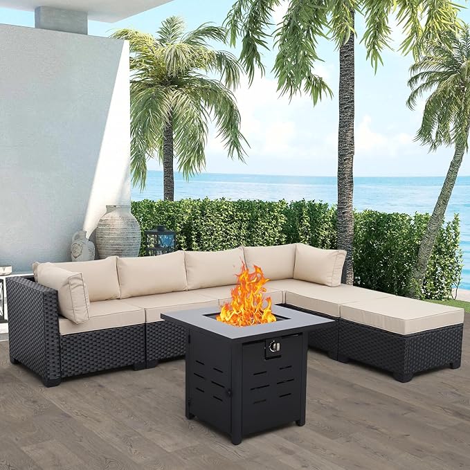 7 Pieces Outdoor PE Wicker Furniture Set Patio Rattan Sectional Conversation Sofa Set with Khaki Cushions and Fire Pit Table