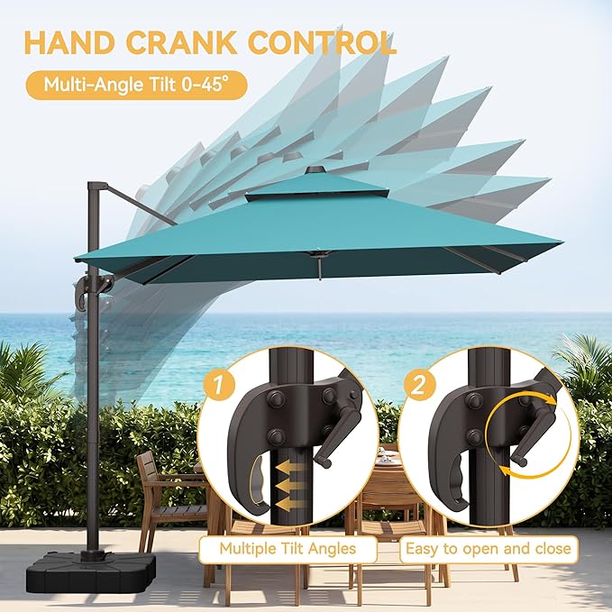 VEGOND 9x12 FT Patio Cantilever Umbrella with Base, Rectangular Heavy Duty Offset Umbrella for 6-8 People, 360°Rotation & Mult Tilt, Double Top Design, for Pool Garden Deck (Turquoise)