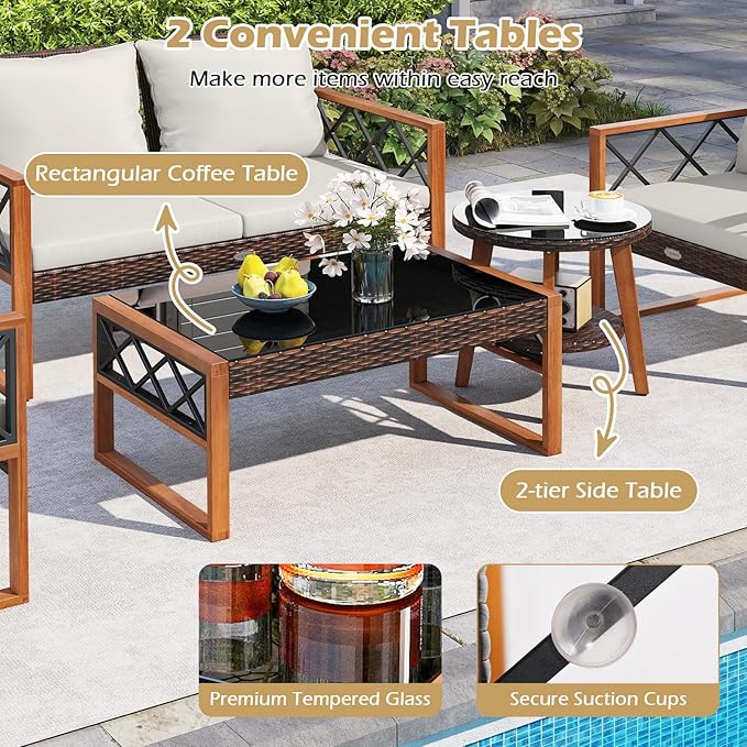 Tangkula 5 Pieces Wicker Patio Conversation Furniture Set, Outdoor Glass Coffee Tables with Acacia Wood Frame and Cushioned Armchairs for Deck, Garden and Backyard