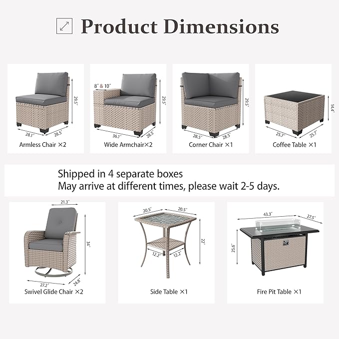 10 Pieces Patio Furniture Set with Fire Pit Table, Outdoor Sectional Wicker Sofa with Thick Cushions, High Back Swivel Rocker Patio Chairs, Rattan Conversation Set with Coffee Table, Grey