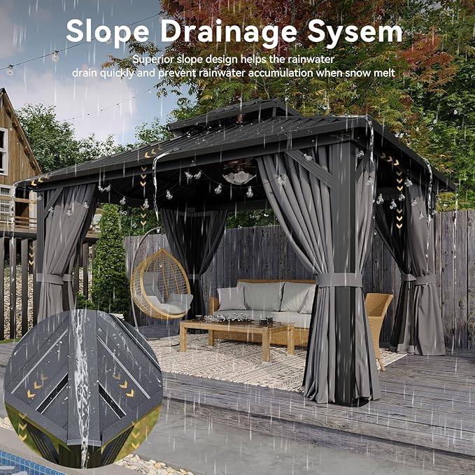 Aoxun 12x14 Hardtop Gazebo, Aluminum Frame Outdoor Gazebo with Double Galvanized Steel Roof, Large Patio Pavilion with Netting and Curtains, Backyard Gazebo for Patio Deck Garden