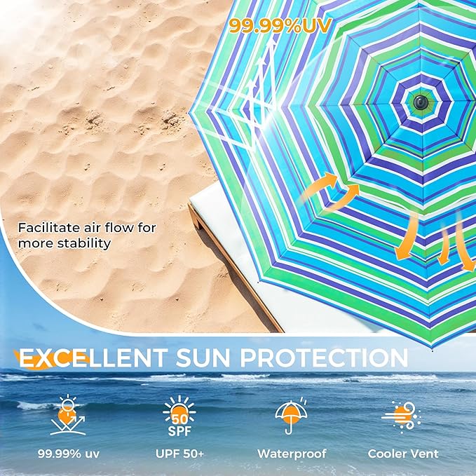 HOMEDEMO 8FT Large Beach Umbrella with Weight Bag & Sand Anchor, Outdoor Umbrellas with Adjustable Aluminum Pole and Table, Heavy Duty Windproof & UPF 50+