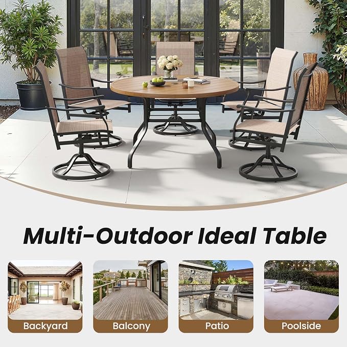 HRVEOCEI 47" Outdoor Round Table with Umbrella Hole, Metal Patio Dining Tables for Lawn Garden, Wood-Like Grain Bistro Table Outdoor for Backyard,Poolside,Deck,Por (Black+Natural, Round)