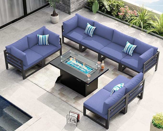 NICESOUL 9 Piece Oversized Modular Aluminum Outdoor Furniture Set with Fire Pit Table, 29" Deep Wide Sectional Seating, 500 lbs High Weight Capacity Patio Conversation Set for Garden Deck, Denim Blue